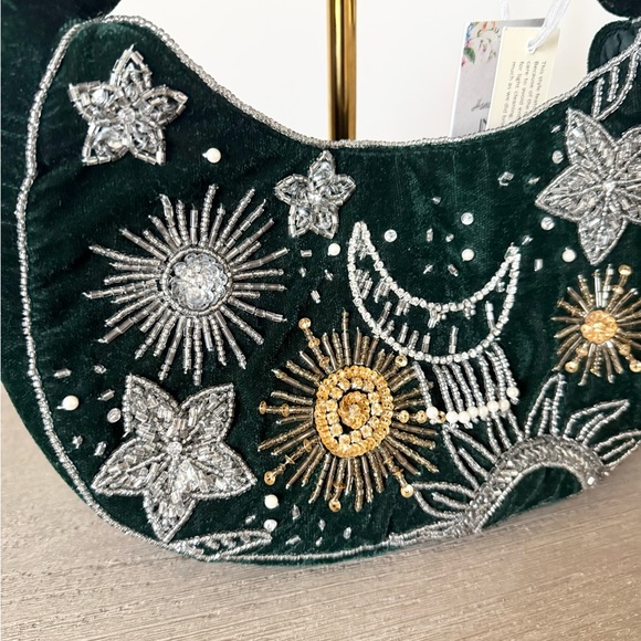 NWT T.J.Maxx Celestial Silver and Gold Beaded Wristlet in Dark Green Velour - Picture 2 of 7